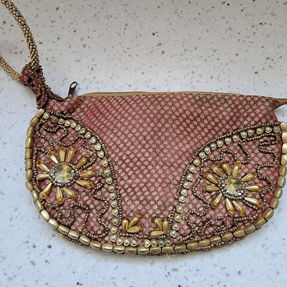 Red Gold Hand Stitched Beaded Purse